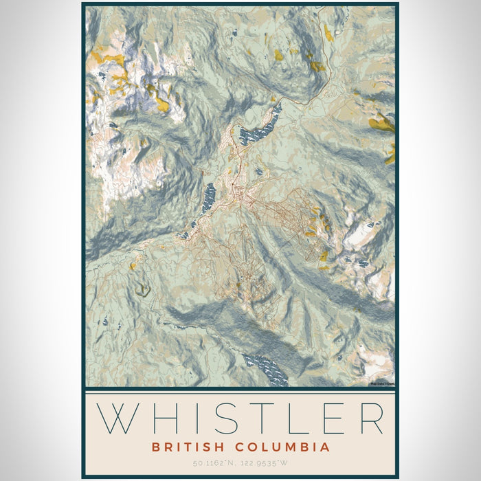 Whistler British Columbia Map Print Portrait Orientation in Woodblock Style With Shaded Background