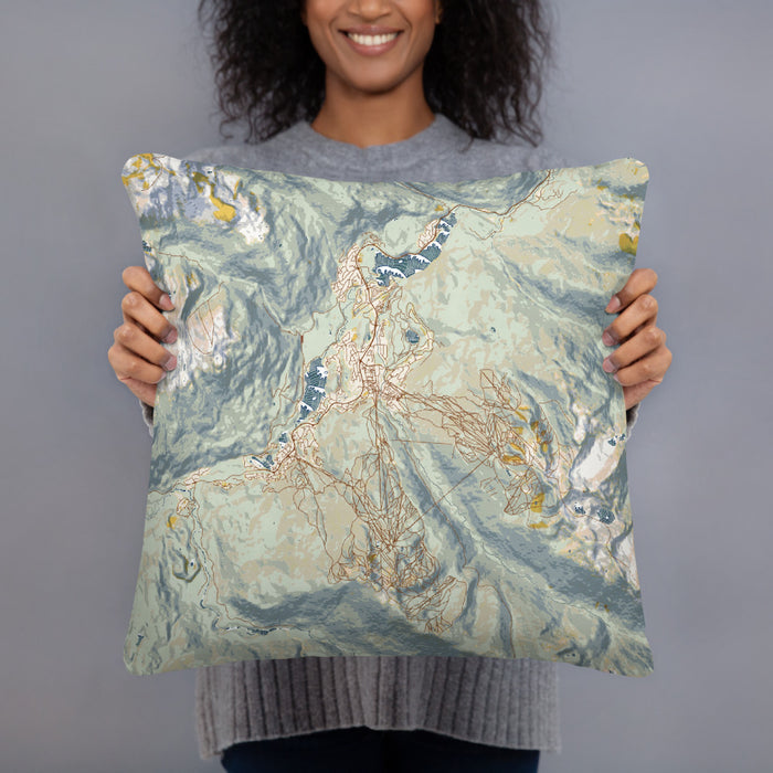 Person holding 18x18 Custom Whistler British Columbia Map Throw Pillow in Woodblock