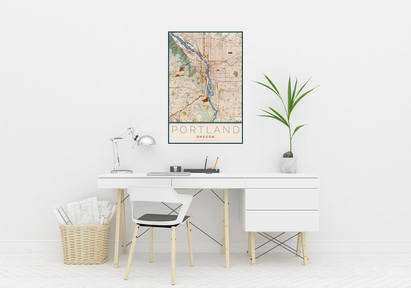 Portland Oregon Map Print with White Table Chair Lamp and Plant