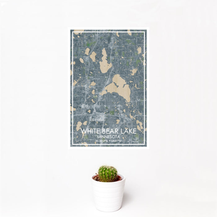 12x18 White Bear Lake Minnesota Map Print Portrait Orientation in Afternoon Style With Small Cactus Plant in White Planter