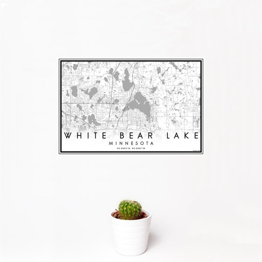 12x18 White Bear Lake Minnesota Map Print Landscape Orientation in Classic Style With Small Cactus Plant in White Planter