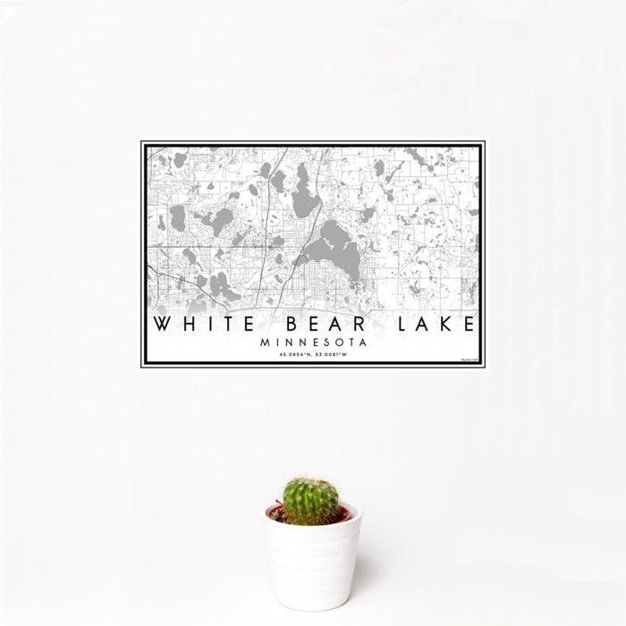 12x18 White Bear Lake Minnesota Map Print Landscape Orientation in Classic Style With Small Cactus Plant in White Planter