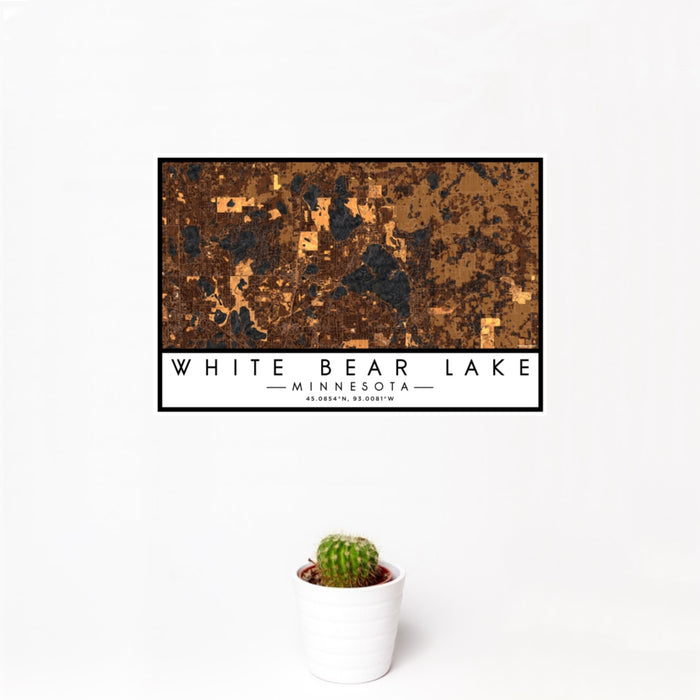 12x18 White Bear Lake Minnesota Map Print Landscape Orientation in Ember Style With Small Cactus Plant in White Planter
