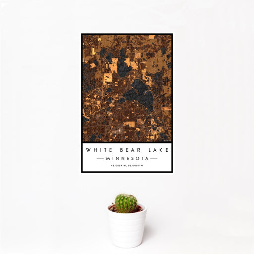 12x18 White Bear Lake Minnesota Map Print Portrait Orientation in Ember Style With Small Cactus Plant in White Planter