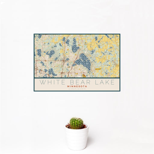 12x18 White Bear Lake Minnesota Map Print Landscape Orientation in Woodblock Style With Small Cactus Plant in White Planter
