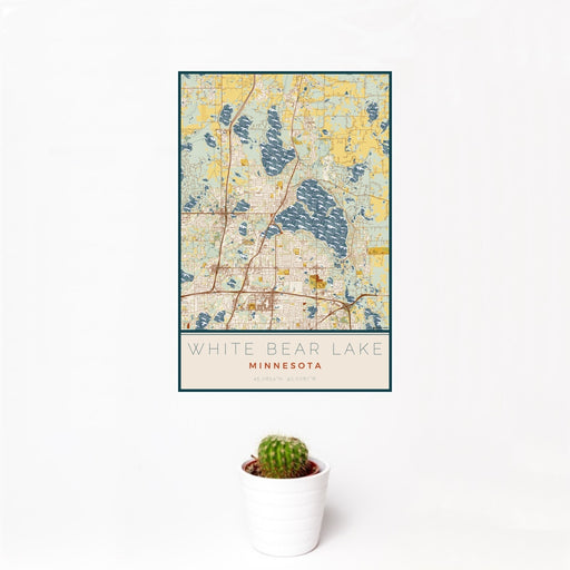 12x18 White Bear Lake Minnesota Map Print Portrait Orientation in Woodblock Style With Small Cactus Plant in White Planter