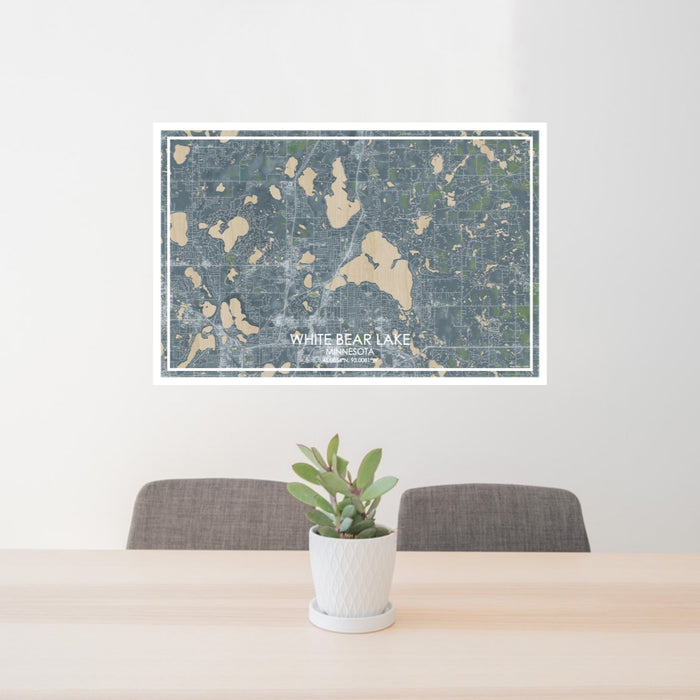 24x36 White Bear Lake Minnesota Map Print Lanscape Orientation in Afternoon Style Behind 2 Chairs Table and Potted Plant