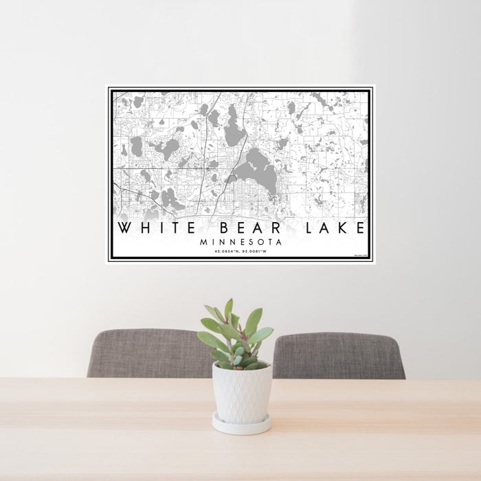 24x36 White Bear Lake Minnesota Map Print Lanscape Orientation in Classic Style Behind 2 Chairs Table and Potted Plant