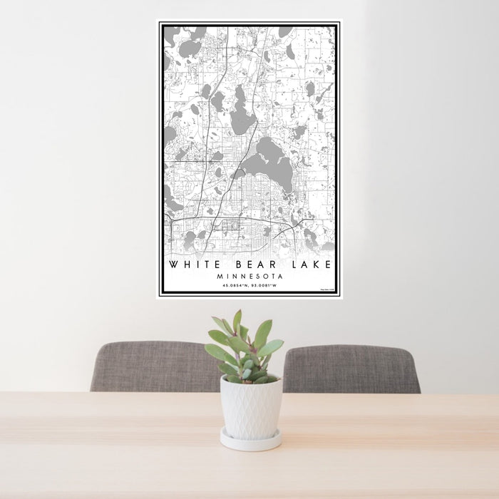 24x36 White Bear Lake Minnesota Map Print Portrait Orientation in Classic Style Behind 2 Chairs Table and Potted Plant