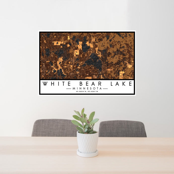 24x36 White Bear Lake Minnesota Map Print Lanscape Orientation in Ember Style Behind 2 Chairs Table and Potted Plant