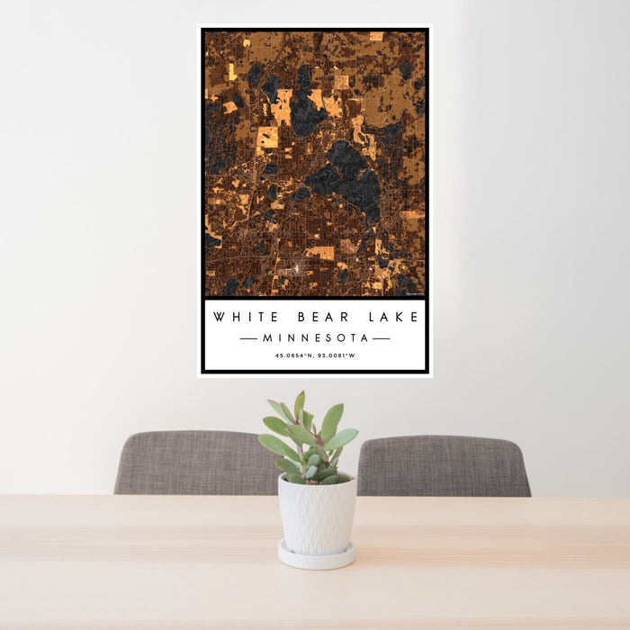 24x36 White Bear Lake Minnesota Map Print Portrait Orientation in Ember Style Behind 2 Chairs Table and Potted Plant
