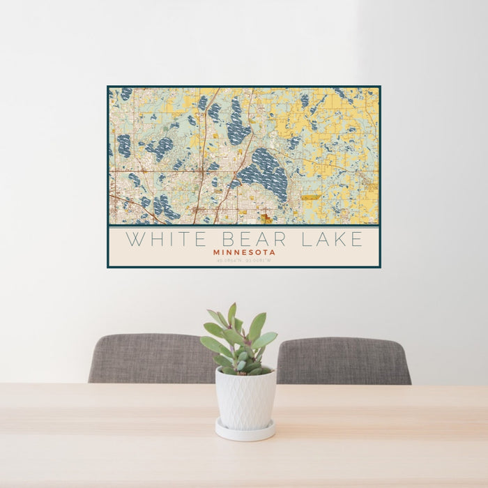 24x36 White Bear Lake Minnesota Map Print Lanscape Orientation in Woodblock Style Behind 2 Chairs Table and Potted Plant