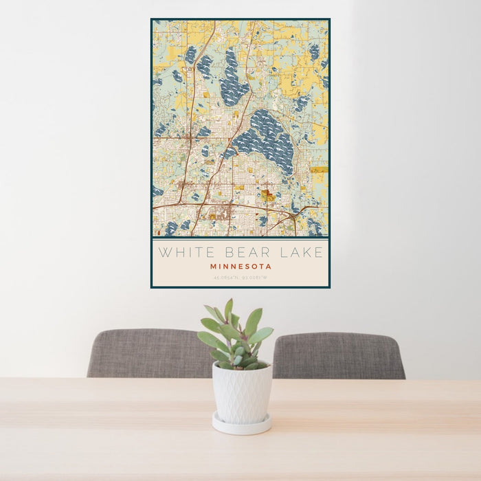 24x36 White Bear Lake Minnesota Map Print Portrait Orientation in Woodblock Style Behind 2 Chairs Table and Potted Plant