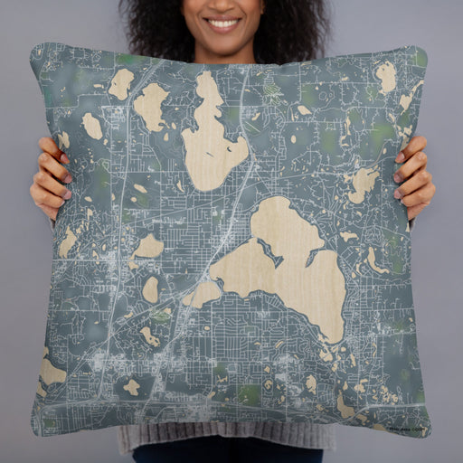 Person holding 22x22 Custom White Bear Lake Minnesota Map Throw Pillow in Afternoon