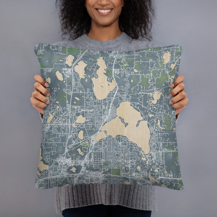 Person holding 18x18 Custom White Bear Lake Minnesota Map Throw Pillow in Afternoon