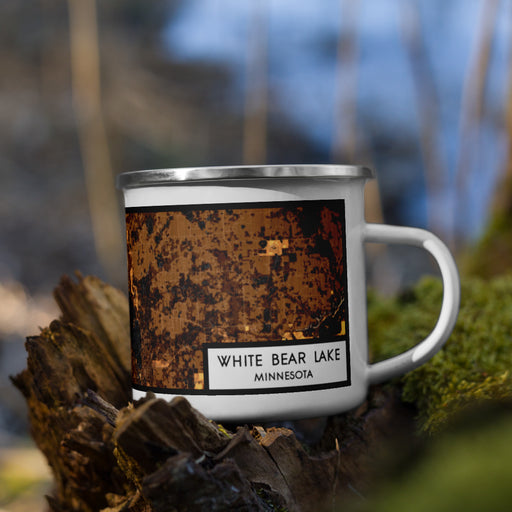 Right View Custom White Bear Lake Minnesota Map Enamel Mug in Ember on Grass With Trees in Background