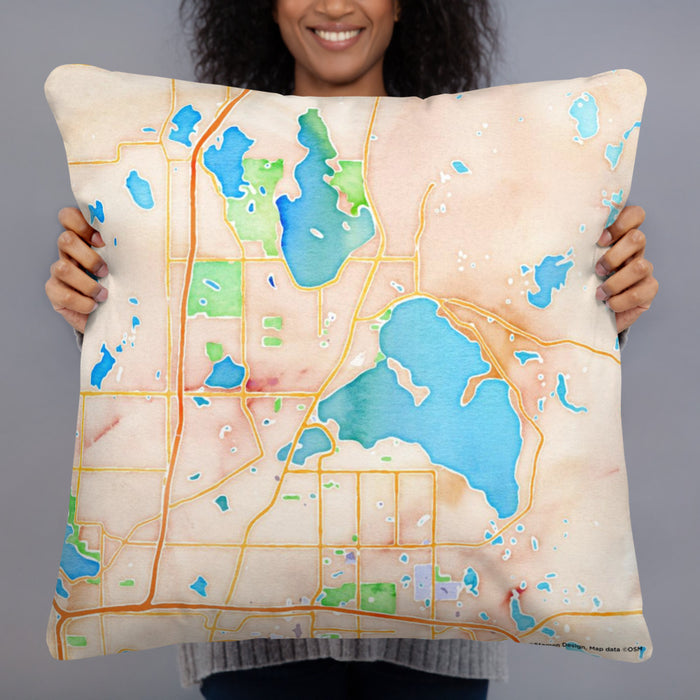 Person holding 22x22 Custom White Bear Lake Minnesota Map Throw Pillow in Watercolor