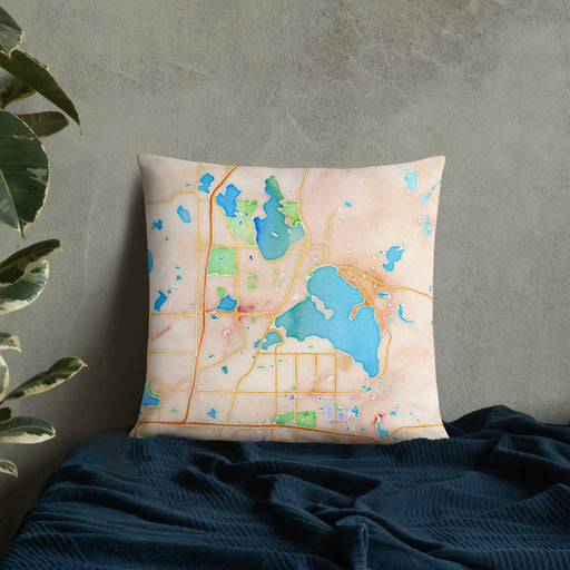 Custom White Bear Lake Minnesota Map Throw Pillow in Watercolor on Bedding Against Wall