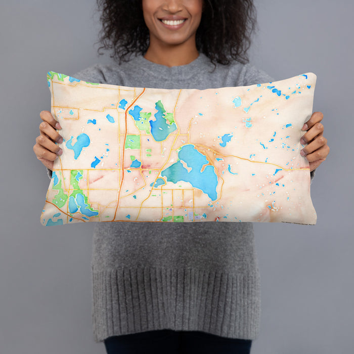 Person holding 20x12 Custom White Bear Lake Minnesota Map Throw Pillow in Watercolor