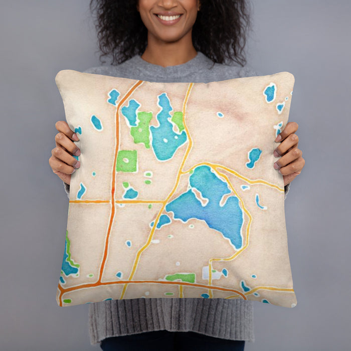 Person holding 18x18 Custom White Bear Lake Minnesota Map Throw Pillow in Watercolor