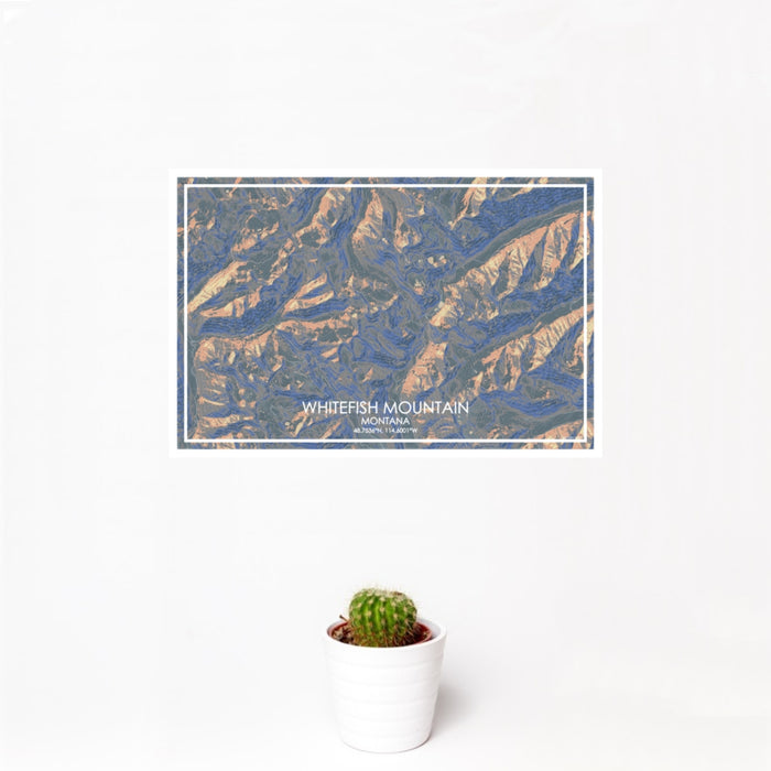 12x18 Whitefish Mountain Montana Map Print Landscape Orientation in Afternoon Style With Small Cactus Plant in White Planter