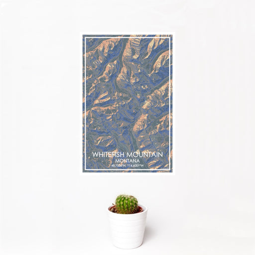 12x18 Whitefish Mountain Montana Map Print Portrait Orientation in Afternoon Style With Small Cactus Plant in White Planter