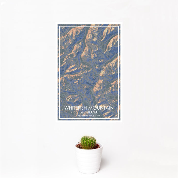 12x18 Whitefish Mountain Montana Map Print Portrait Orientation in Afternoon Style With Small Cactus Plant in White Planter