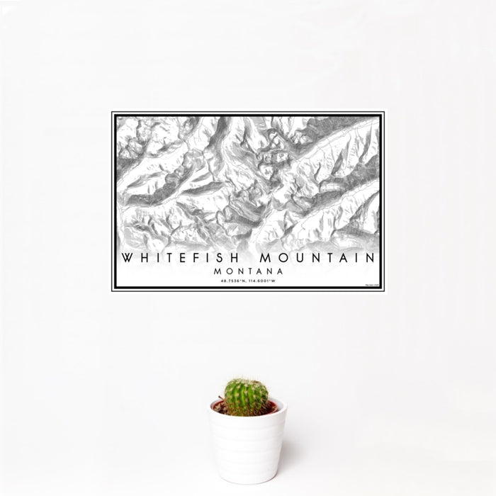 12x18 Whitefish Mountain Montana Map Print Landscape Orientation in Classic Style With Small Cactus Plant in White Planter
