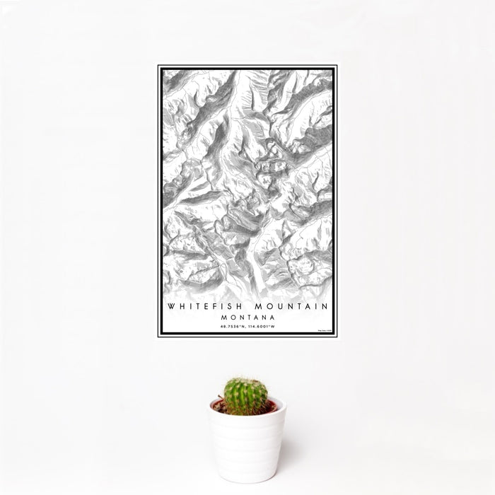 12x18 Whitefish Mountain Montana Map Print Portrait Orientation in Classic Style With Small Cactus Plant in White Planter