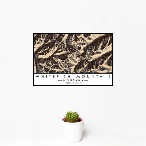 12x18 Whitefish Mountain Montana Map Print Landscape Orientation in Ember Style With Small Cactus Plant in White Planter