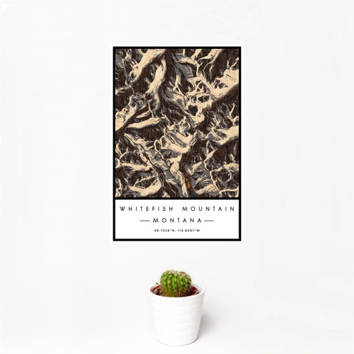 12x18 Whitefish Mountain Montana Map Print Portrait Orientation in Ember Style With Small Cactus Plant in White Planter
