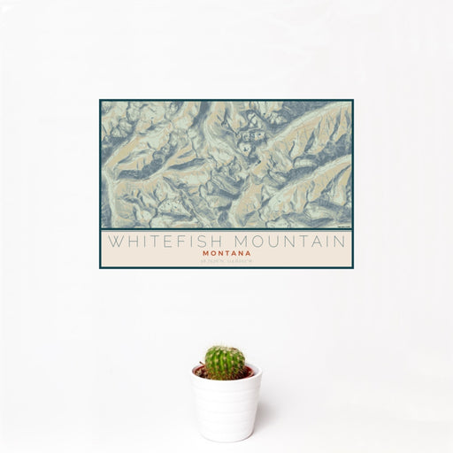 12x18 Whitefish Mountain Montana Map Print Landscape Orientation in Woodblock Style With Small Cactus Plant in White Planter