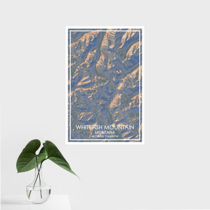 16x24 Whitefish Mountain Montana Map Print Portrait Orientation in Afternoon Style With Tropical Plant Leaves in Water