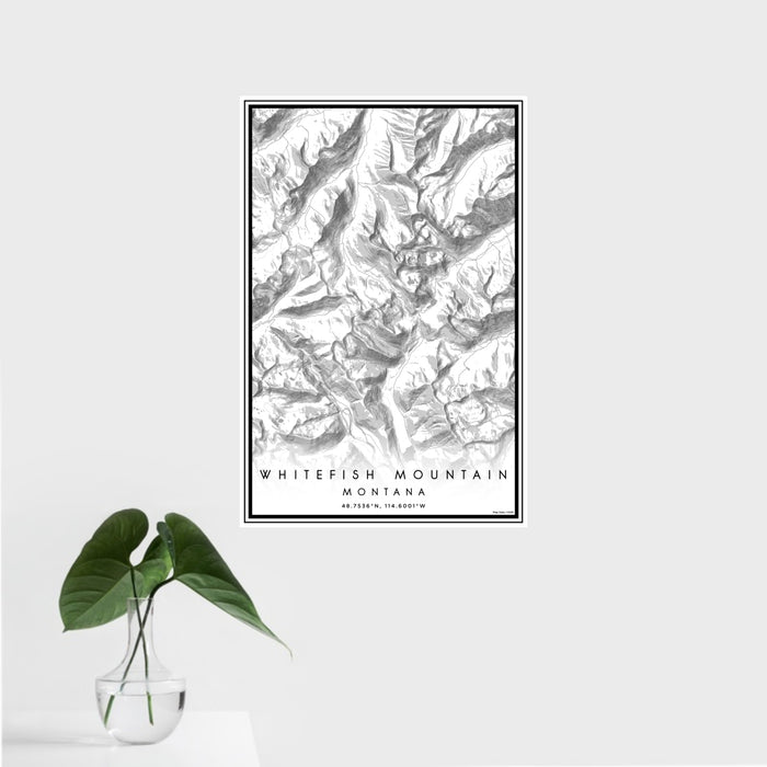 16x24 Whitefish Mountain Montana Map Print Portrait Orientation in Classic Style With Tropical Plant Leaves in Water