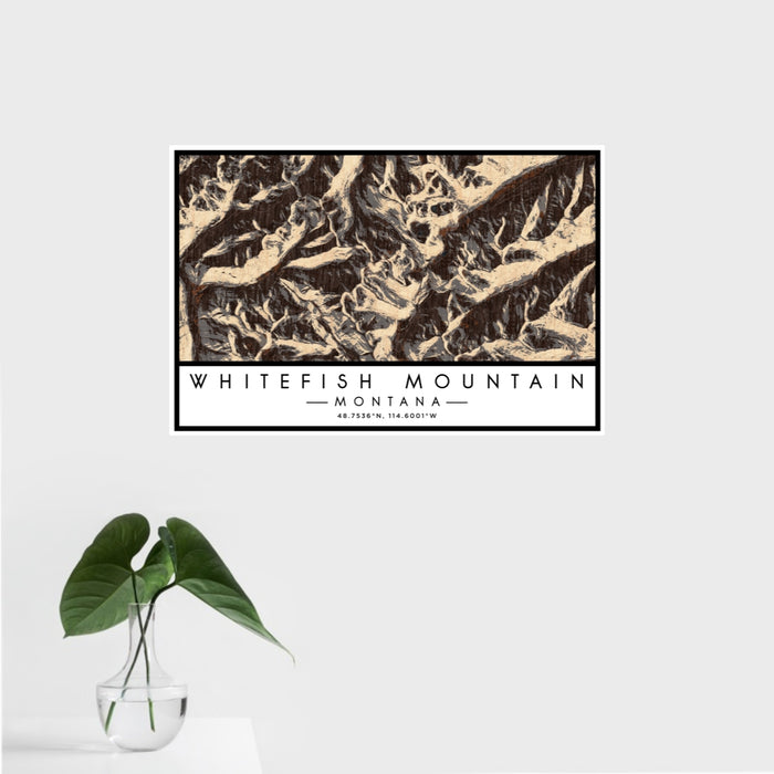16x24 Whitefish Mountain Montana Map Print Landscape Orientation in Ember Style With Tropical Plant Leaves in Water