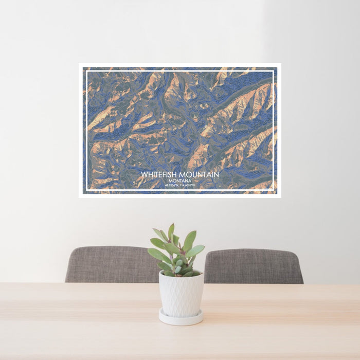 24x36 Whitefish Mountain Montana Map Print Lanscape Orientation in Afternoon Style Behind 2 Chairs Table and Potted Plant