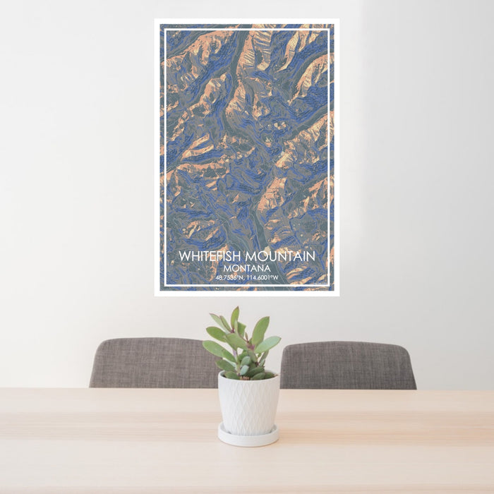 24x36 Whitefish Mountain Montana Map Print Portrait Orientation in Afternoon Style Behind 2 Chairs Table and Potted Plant