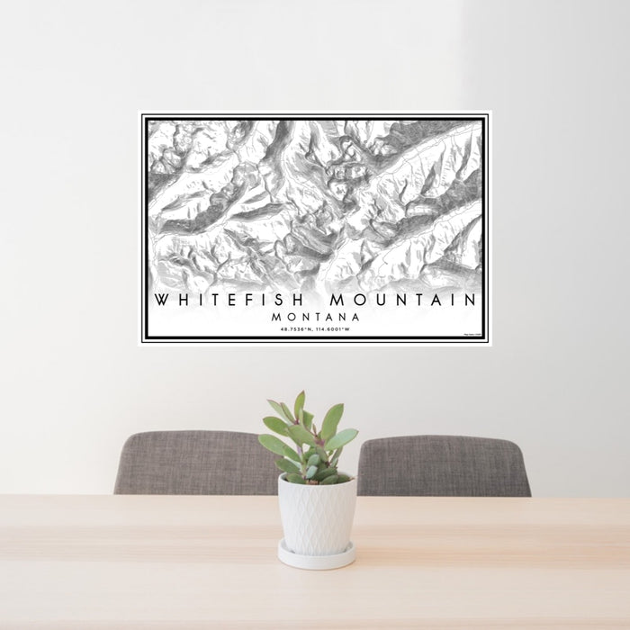 24x36 Whitefish Mountain Montana Map Print Lanscape Orientation in Classic Style Behind 2 Chairs Table and Potted Plant