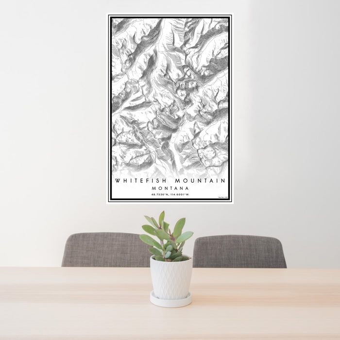 24x36 Whitefish Mountain Montana Map Print Portrait Orientation in Classic Style Behind 2 Chairs Table and Potted Plant