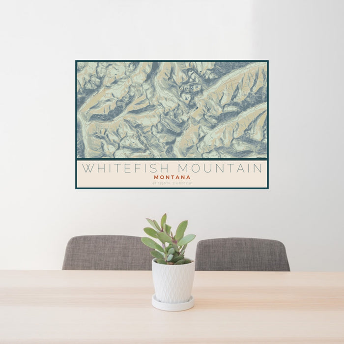 24x36 Whitefish Mountain Montana Map Print Lanscape Orientation in Woodblock Style Behind 2 Chairs Table and Potted Plant