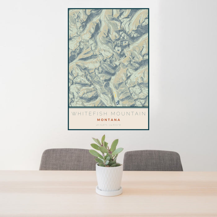 24x36 Whitefish Mountain Montana Map Print Portrait Orientation in Woodblock Style Behind 2 Chairs Table and Potted Plant