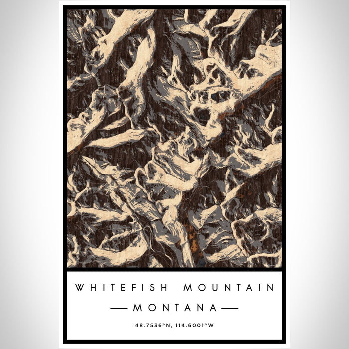 Whitefish Mountain Montana Map Print Portrait Orientation in Ember Style With Shaded Background