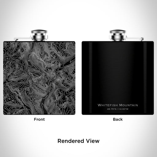 Rendered View of Whitefish Mountain Montana Map Engraving on 6oz Stainless Steel Flask in Black