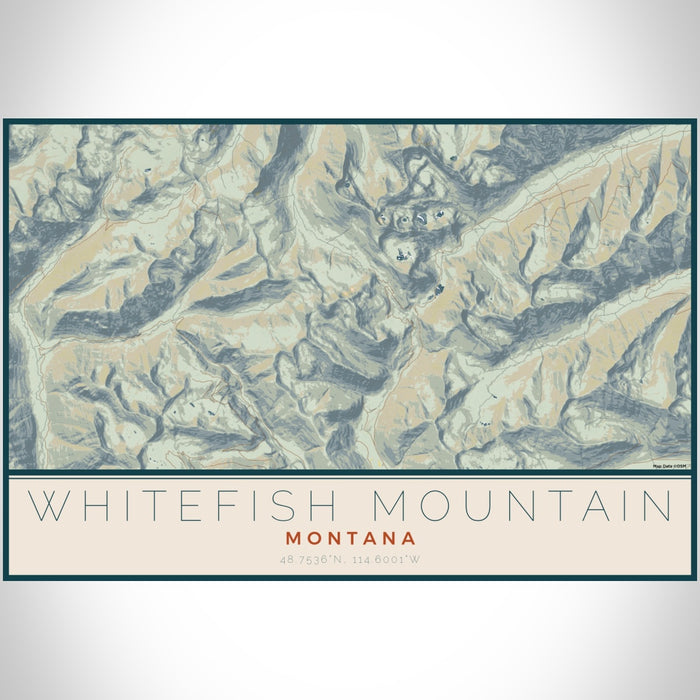 Whitefish Mountain Montana Map Print Landscape Orientation in Woodblock Style With Shaded Background