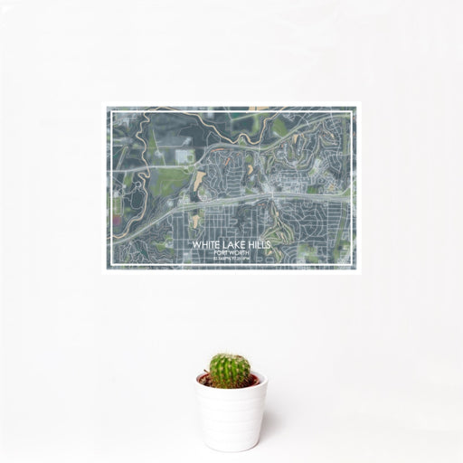 12x18 White Lake Hills Fort Worth Map Print Landscape Orientation in Afternoon Style With Small Cactus Plant in White Planter