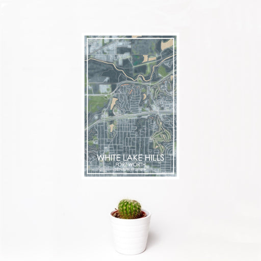12x18 White Lake Hills Fort Worth Map Print Portrait Orientation in Afternoon Style With Small Cactus Plant in White Planter