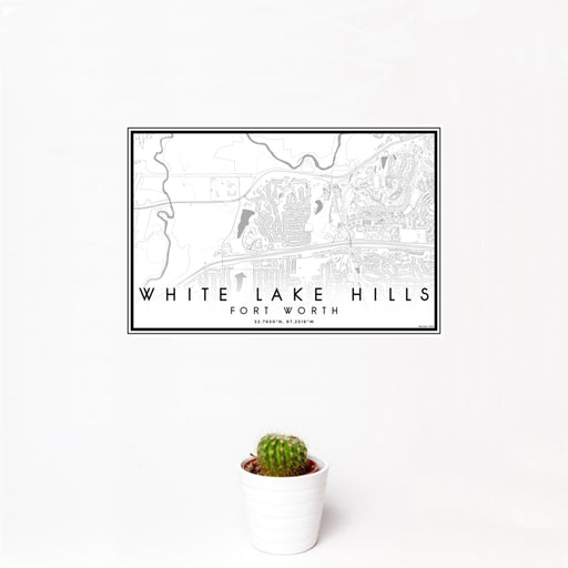 12x18 White Lake Hills Fort Worth Map Print Landscape Orientation in Classic Style With Small Cactus Plant in White Planter