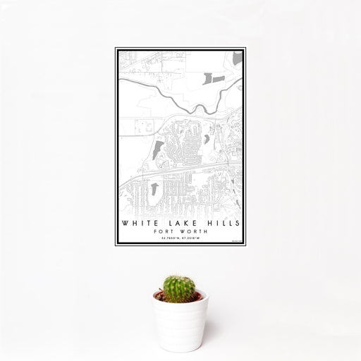 12x18 White Lake Hills Fort Worth Map Print Portrait Orientation in Classic Style With Small Cactus Plant in White Planter