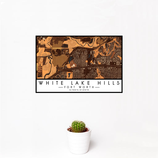 12x18 White Lake Hills Fort Worth Map Print Landscape Orientation in Ember Style With Small Cactus Plant in White Planter