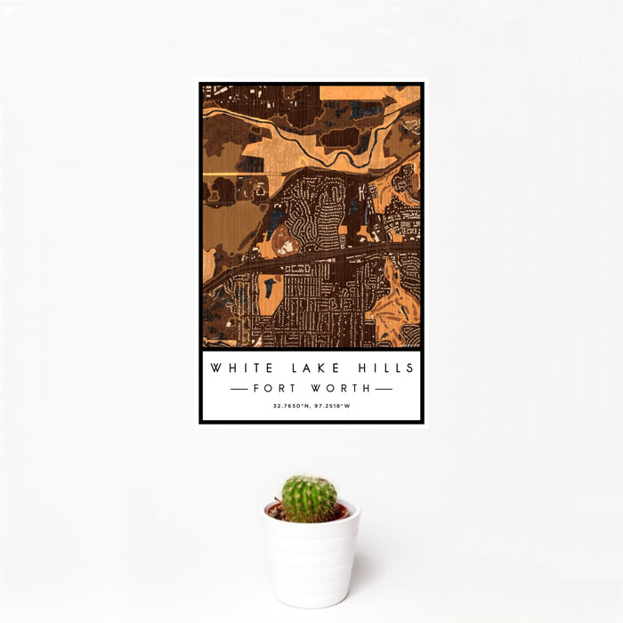 12x18 White Lake Hills Fort Worth Map Print Portrait Orientation in Ember Style With Small Cactus Plant in White Planter